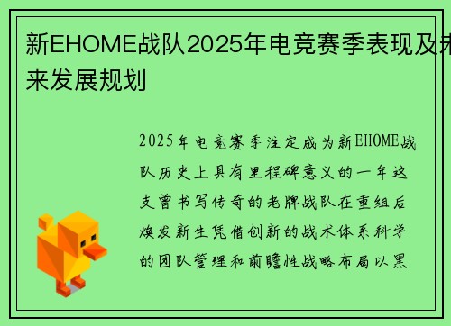 新EHOME战队2025年电竞赛季表现及未来发展规划