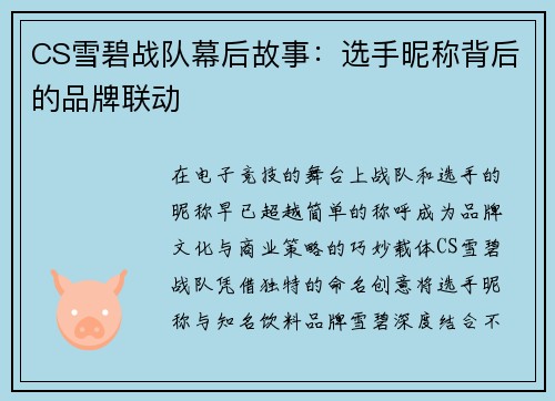 CS雪碧战队幕后故事：选手昵称背后的品牌联动